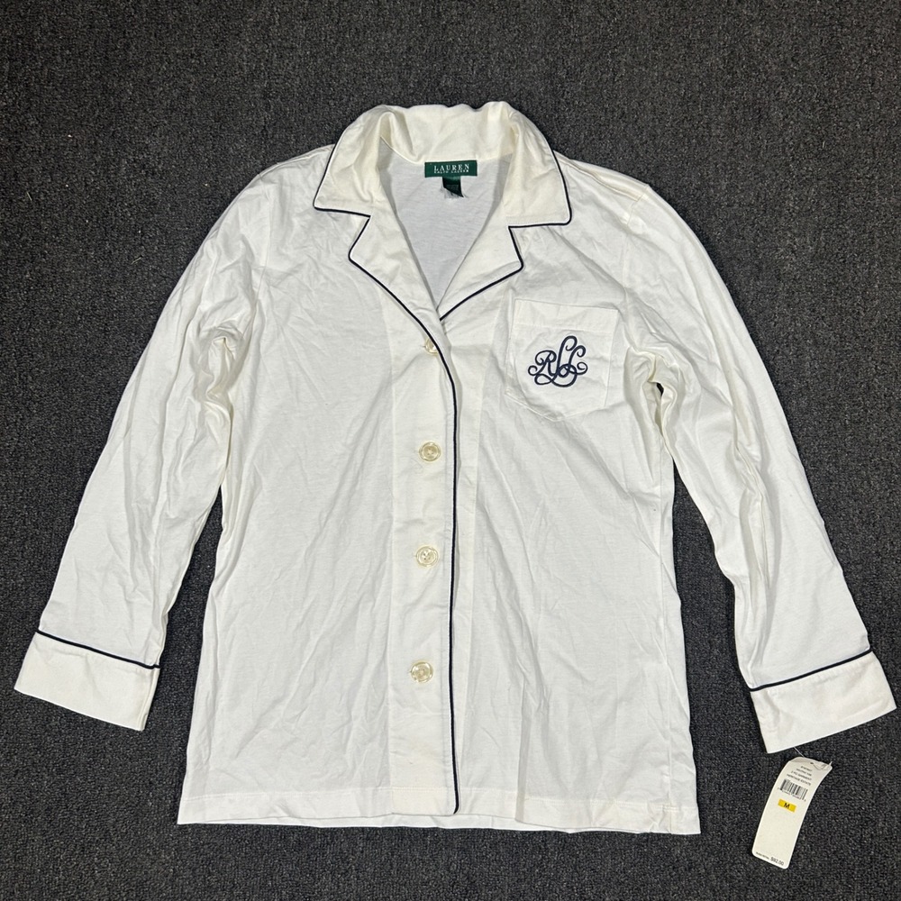 Lauren Ralph Lauren Pajama Top Womens Medium White Navy NWT Heritage Estate